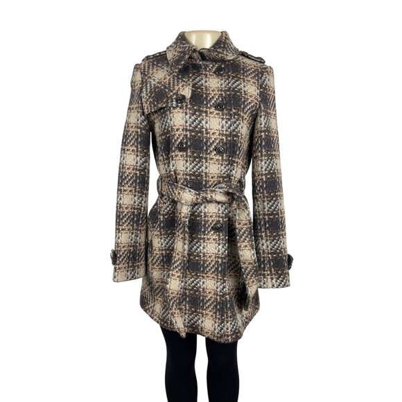 Dkny Women's Gray and Beige Plaid Double Breasted Peacoat Jacket Size 8 - Picture 1 of 14